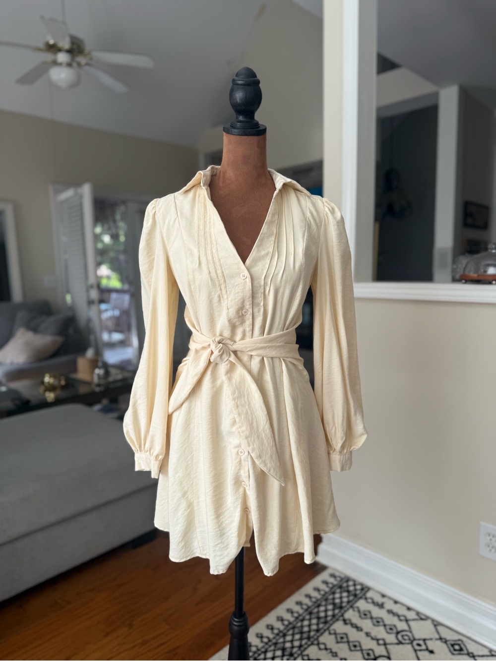 Lulu's Cream Button-Front Long Sleeve Tie-Waist Mini Dress